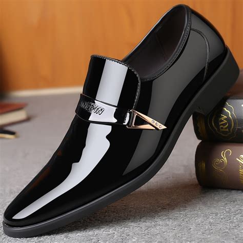 Mens Leather Shoes Glossy Black Business Dress Shoes Slip On Mens Casual Pointed Toe Formal