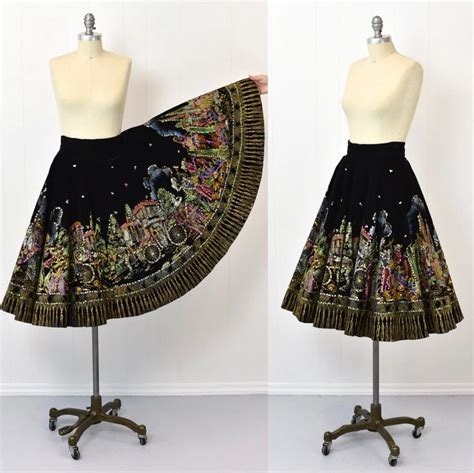 1950s Hand Painted Sequin Mexican Folk Scene Black Velvet Circle Skirt