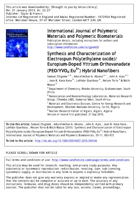 Pdf Synthesis And Characterization Of Electrospun Polyethylene Oxide