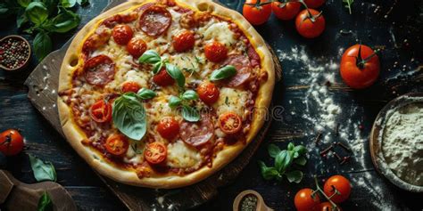 Pizza With Salami Mozzarella And Tomatoes On A Dark Background Ai