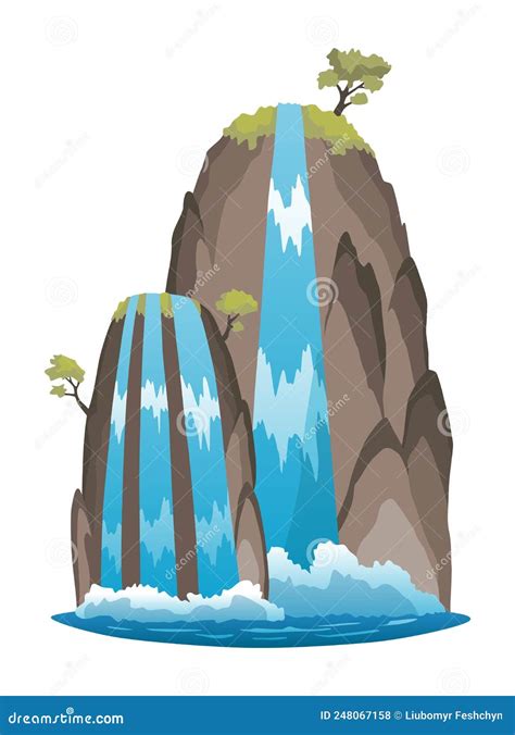 Waterfall Cartoon Landscape With Mountains Trees And Bushes Vector