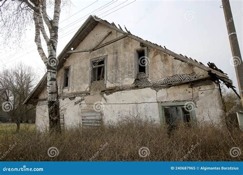 An Old Dilapidated Abandoned House In The Lithuanian Village Stock