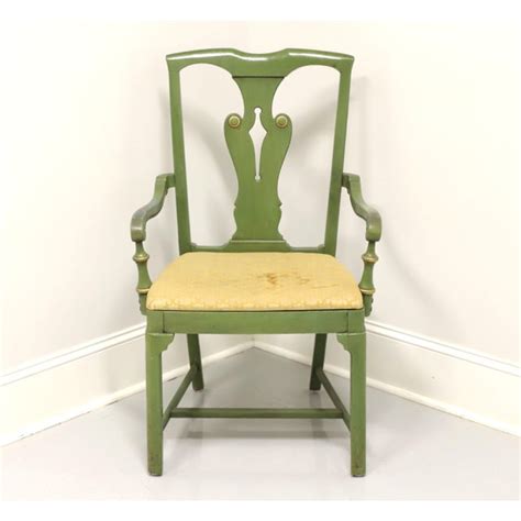 Farmhouse Style Green Painted Armchair With Distressed Finish | Chairish