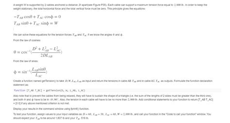 Solved A Weight W Is Supported By 2 Cables Anchored A