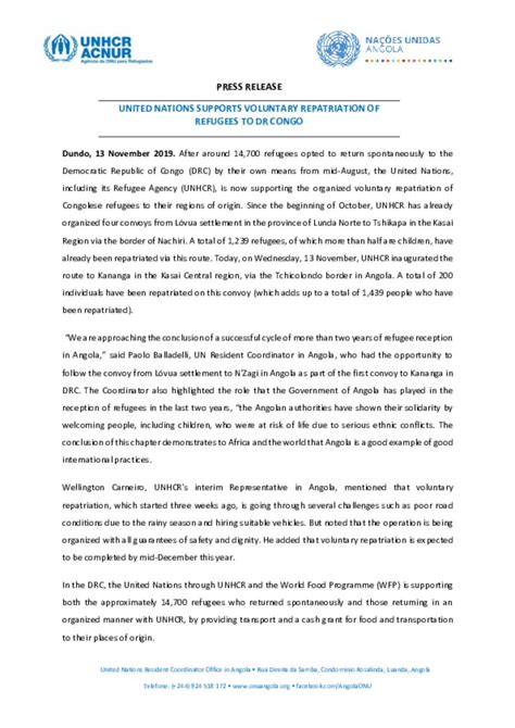 Document Rco And Unhcr Press Release Organized Repatriation Angola