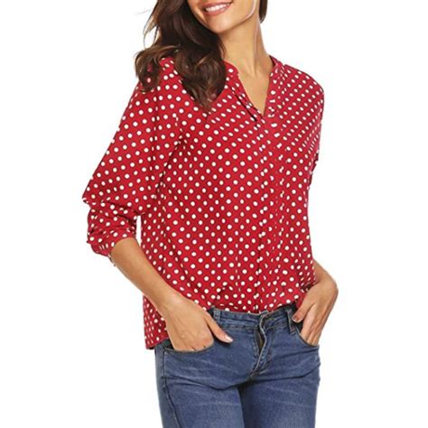 Plus Size Fashion Polka Dot Print Women Shirt V Neck Long Sleeve Loose Blouse In Blouses