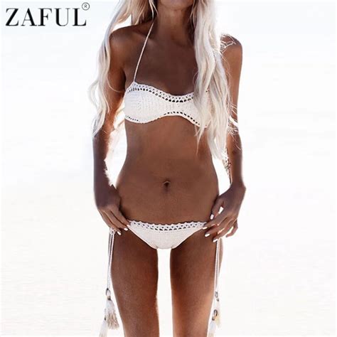 Zaful Sexy Halter Solid Color Crochet Women Bikini Set Summer Beachwear