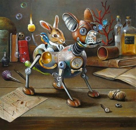 A Painting Of A Mouse On Top Of A Wooden Table Next To Books And Other