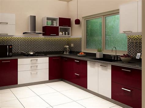 Maroon And White Modular Kitchen L Shaped Modular Kitchen Interior