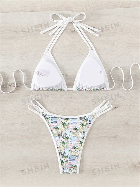 SHEIN Swim Mod Summer Beach Palm Tree Boat Print Bikini Set Halter