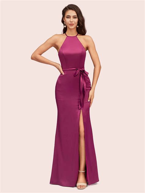 Sexy Mermaid Halter Long Silky Satin Party Prom Dresses With Slit Cetims