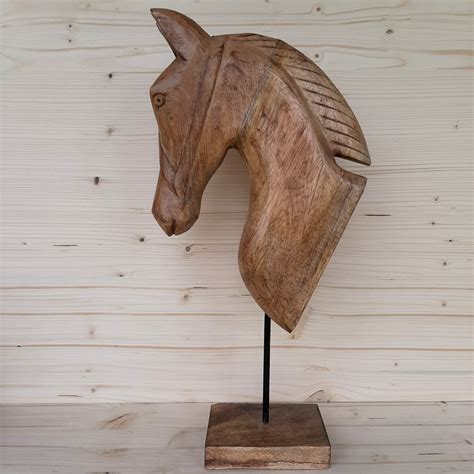 Sculpture Buste De Cheval En Bois Massif