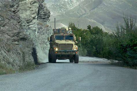 A Us Army Mine Resistant Ambush Protected Vehicle Follows A Route