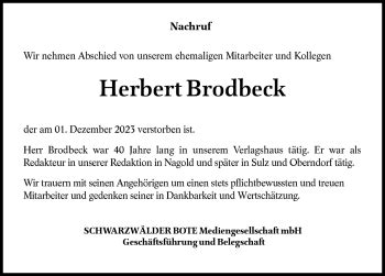 Traueranzeigen Von Herbert Brodbeck Schwarzw Lder Bote Trauer