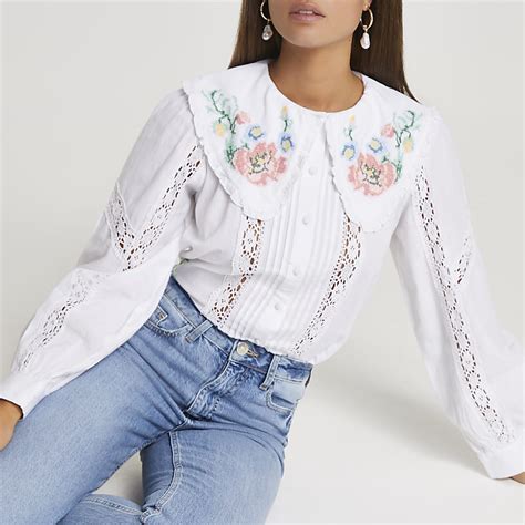 White Long Sleeve Floral Embroidered Blouse River Island