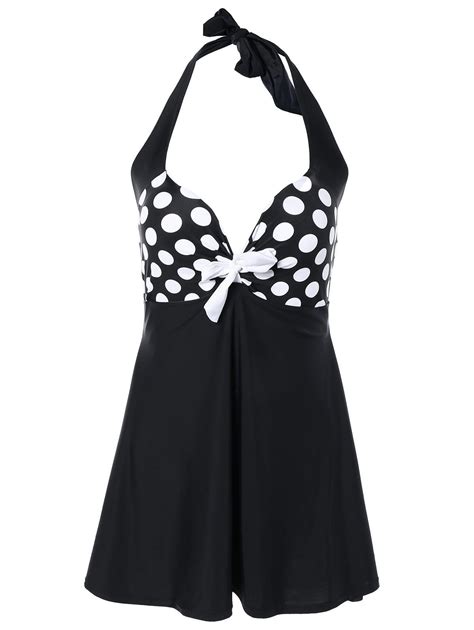 41 Off 2021 Halter Polka Dot Black One Piece Swimwear In Black Dresslily