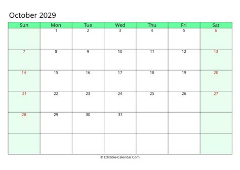 Download Fillable Calendar October 2029, weeks start on Sunday