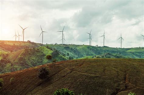 Granja Del Generador De Poder De La Turbina De Viento En El Fondo De La