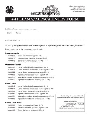 Fillable Online Lancaster Unl H Llama Alpaca Entry Form Lancaster