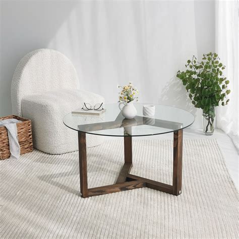 Mesa de centro Kailua 1418 Nogal 40cm Diámetro 75 Vidrio templado