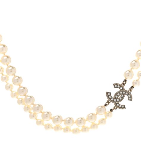 Chanel Baguette Crystal Pearl Cc Double Strand Necklace Gold