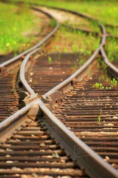 Railroad Tracks That Merge Off Into Different Paths Stock Photo