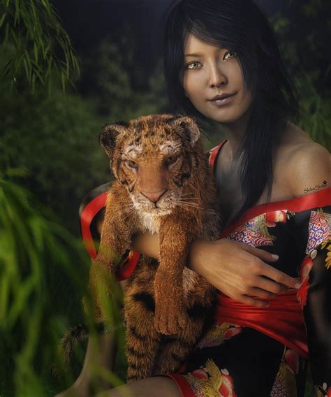 Asian Girl And Tiger Cub Fantasy Woman Art Iray By Shibashake On Deviantart