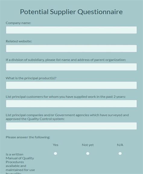 Potential Supplier Questionnaire Template