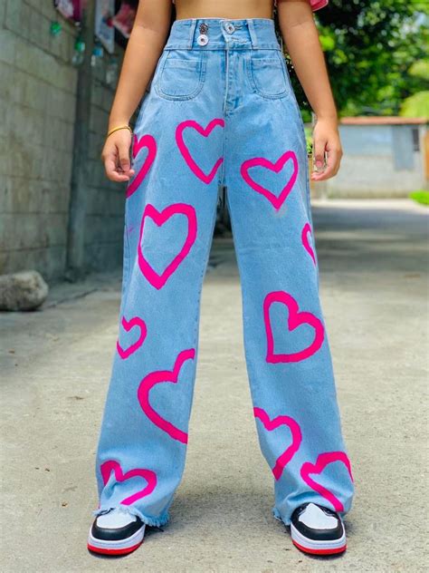 Aesthetic Heart Print Pants, Women's Fashion, Bottoms, Jeans on Carousell