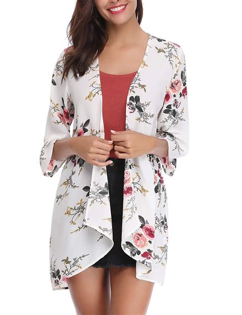 Abollria Women Sleeve Floral Chiffon Casual Loose Kimono Cardigan