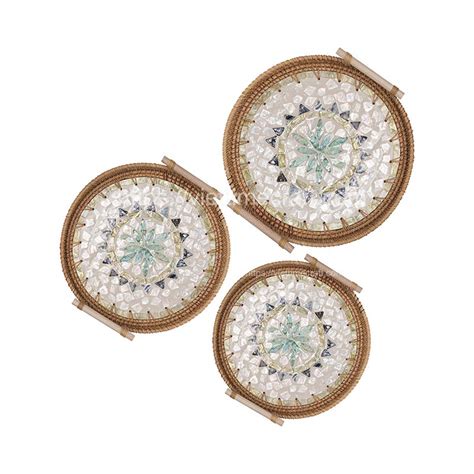 Round Rattan Tray With Mother Of Pearl Inlay And Handles