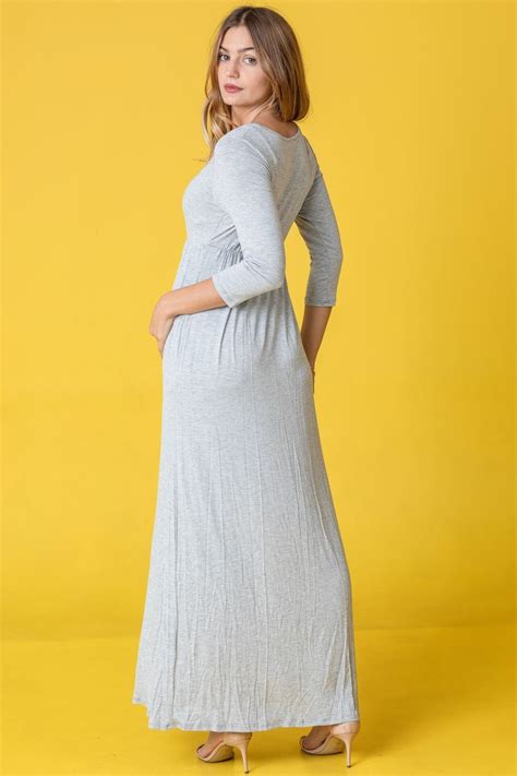 Solid Grey 3 4 Sleeve Maxi Dress Maxi Dress With Sleeves Maxi Dress