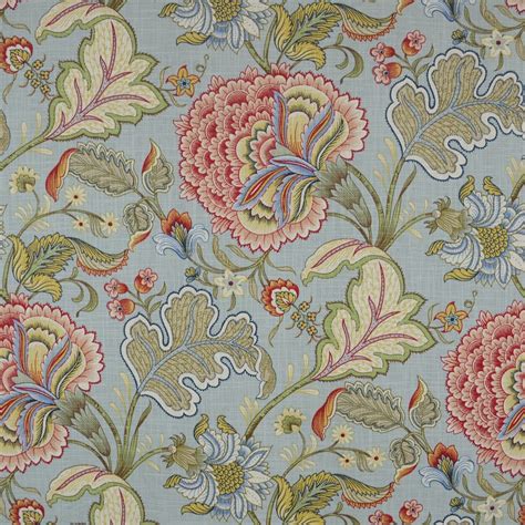 Meadowlark Surf Floral Blue Jacobean Fabric Etsy