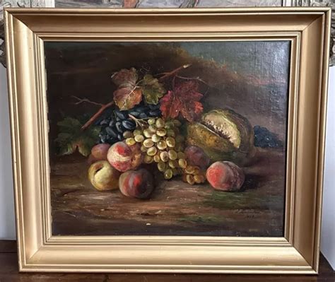 ANTICO QUADRO Olio Su Tela Natura Morta 1909 Frutta Pesche Uva