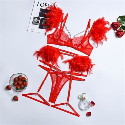Ensemble De Lingerie Pièces En Dentelle Pour Femmes Sous vêtements Sexy Plumes Soutien