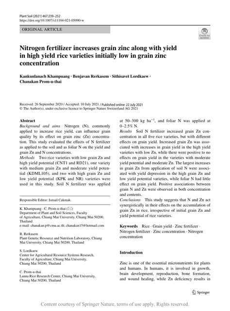 Nitrogen Fertilizer Increases Grain Zinc Along With Yield In High Yield Rice Varieties Initially