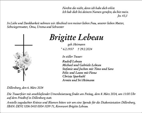 Traueranzeigen Von Brigitte Lebeau Vrm Trauer De