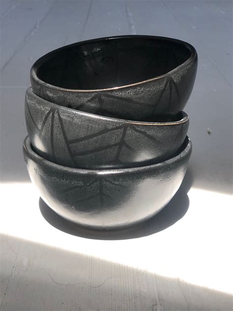 Handmade Ceramic Oblique Bowl Geometric Black On Black Etsy