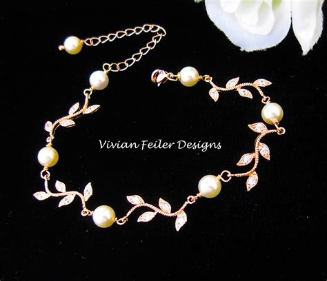 Rose Gold Bridal Pearl Bracelet Vine Wedding Jewelry Cubic