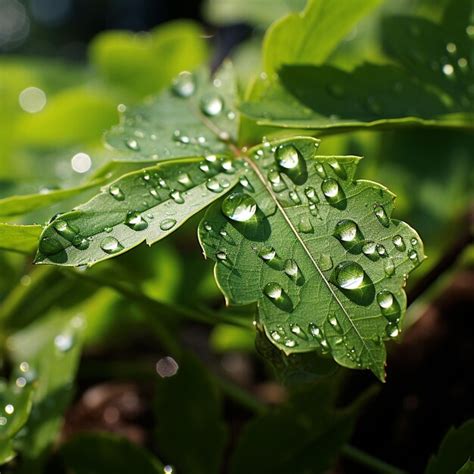 Hermosas gotas de agua después de la lluvia en la hoja verde en la luz