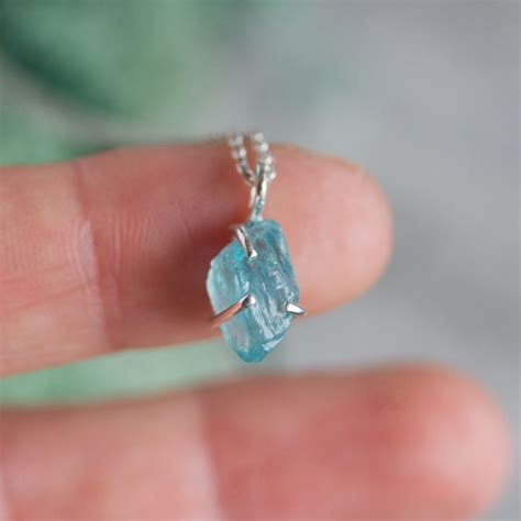 Raw Apatite Necklace Simple Pendant Sterling Silver Sky Blue