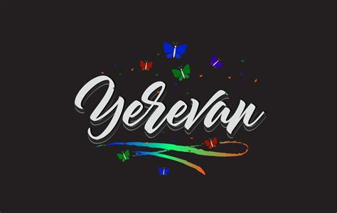 White Yerevan Handwritten Vector Word Text With Butterflies And