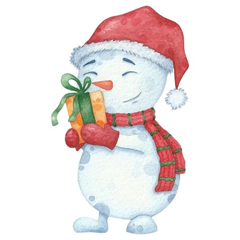 Aquarela boneco de neve no cachecol e chapéu presente Natal mão