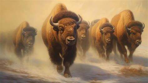 Premium Photo | Stampeding American Bison Herd Oil Painting