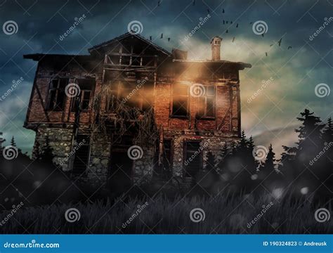 Casa Velha Assombrada De Halloween Na Paisagem Assustadora Da Floresta