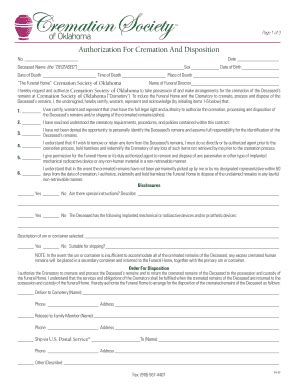 Fillable Online Authorization For Cremation And Disposition Cremation