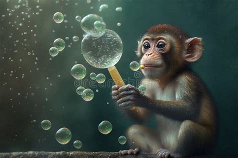 A Cute Little Monkey Blowing Soap Bubbles Generated By Ai Stock