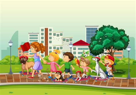 Free Vector Park Scene With Children Playing With Their Animals