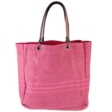 Sac Cabas En Lin Pais Doubl Coton Anses En Cuir Couleur Framboise