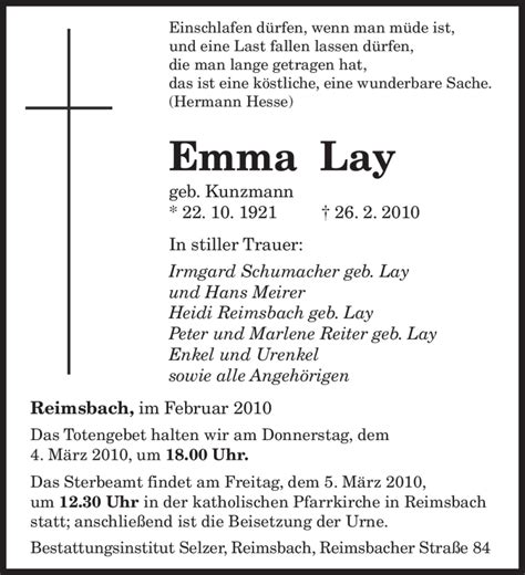 Traueranzeigen Von Emma Lay Saarbruecker Zeitung Trauer De